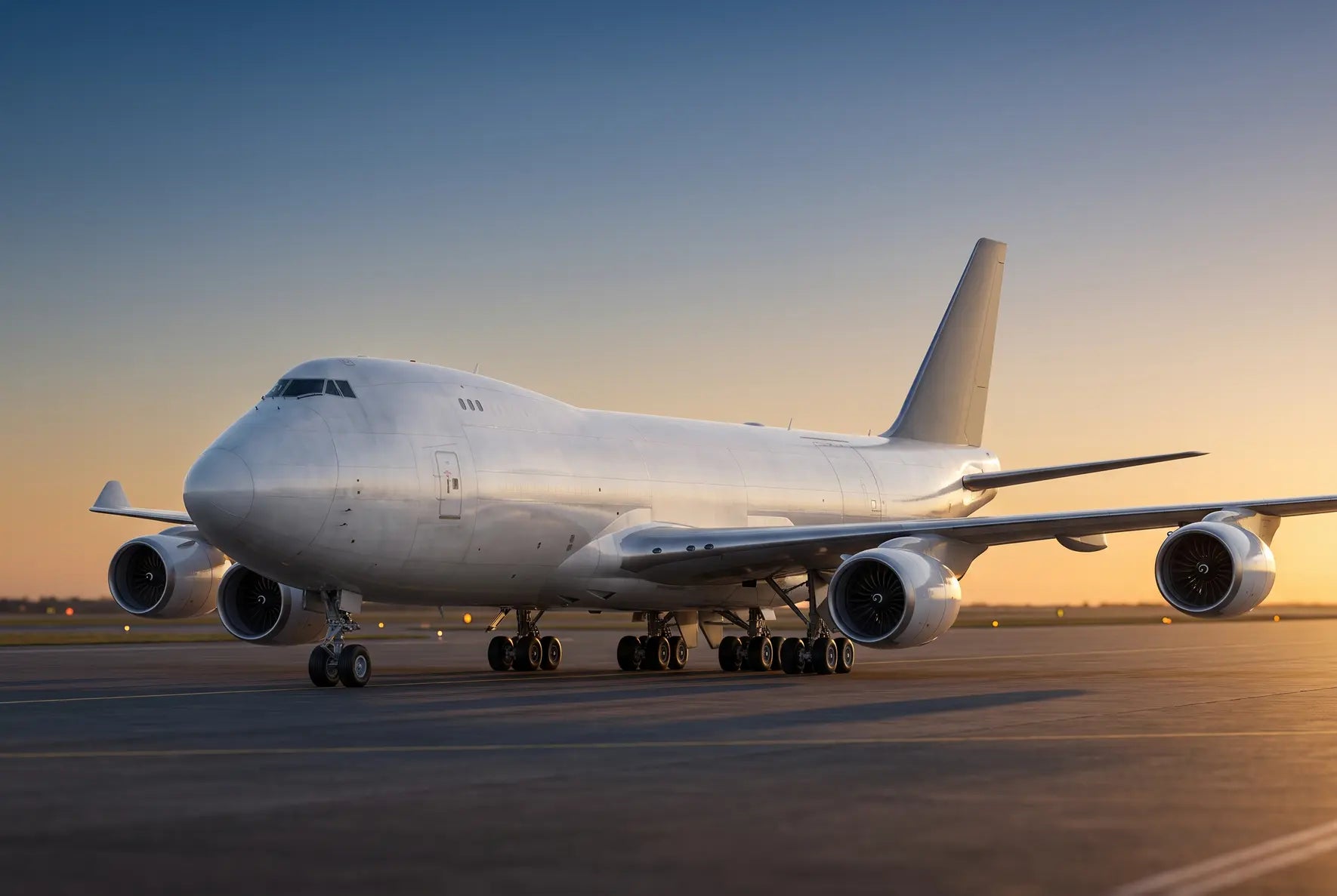 Side view of a Boeing 747-8F cargo aircraft on the runway at sunset, showcasing its four engines and landing gear, with a clear sky backdrop.