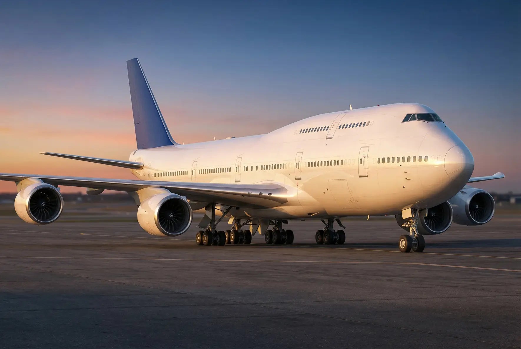 Boeing 747-8I passenger jet on the tarmac at sunset, showcasing its four engines and large fuselage.