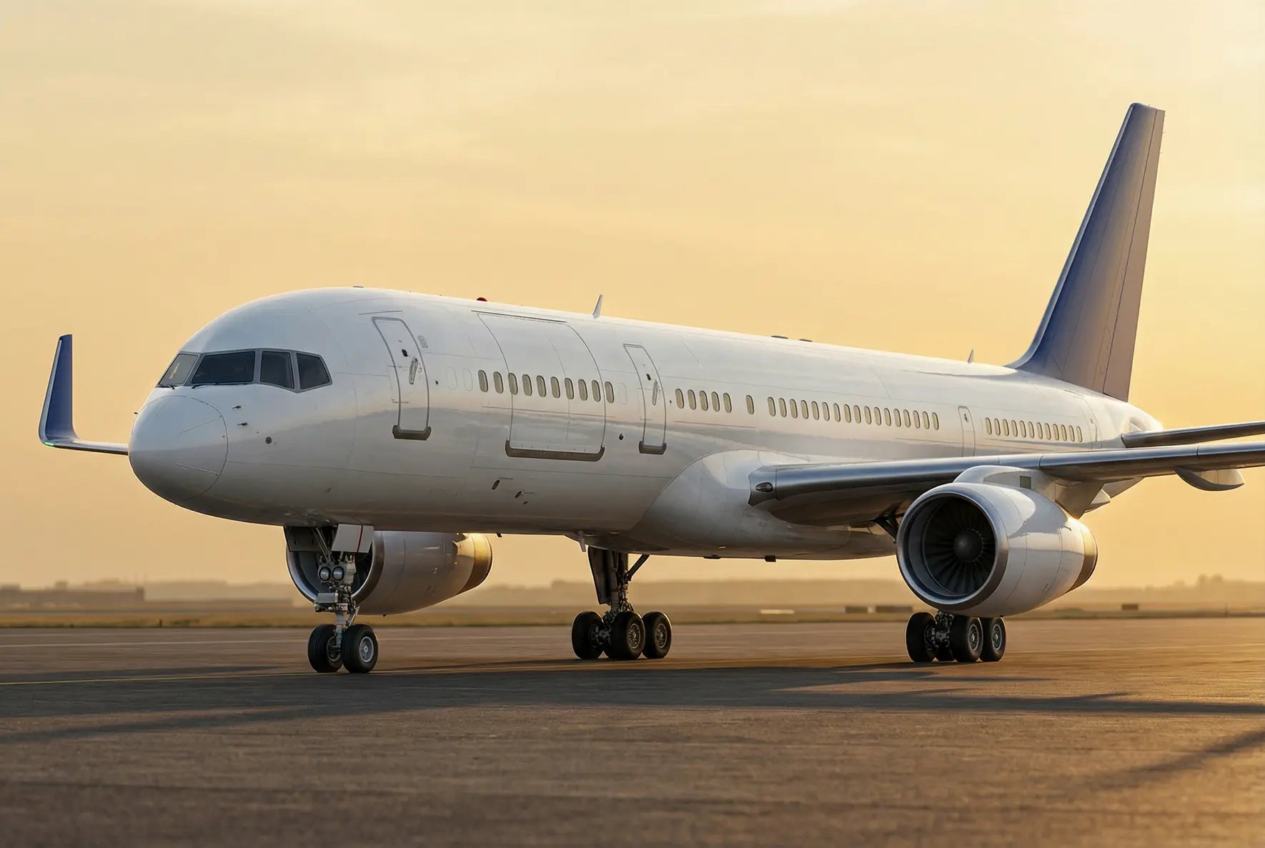 A Boeing 757-200M aircraft on the tarmac at sunset, showing its sleek fuselage, engines, and landing gear.