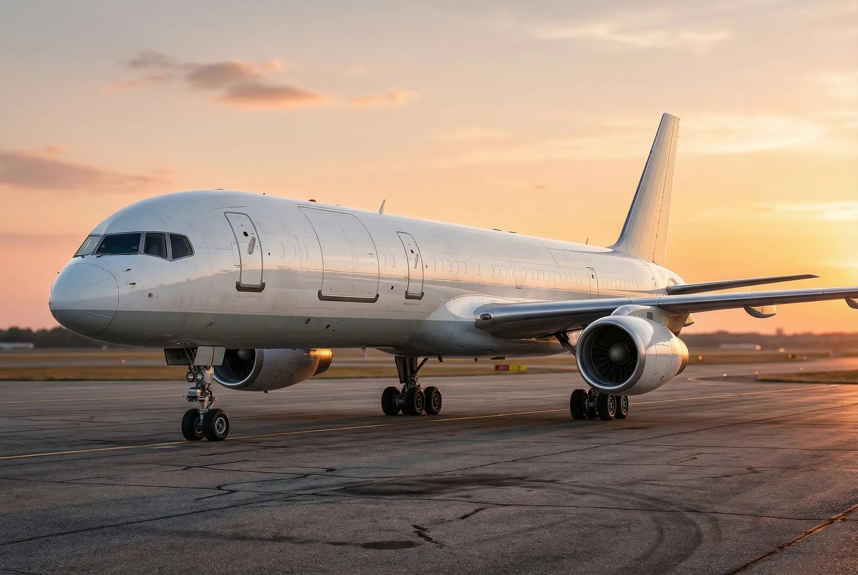 A Boeing 757-200PF cargo aircraft parked on the tarmac at sunset, showcasing its sleek design and large twin engines.