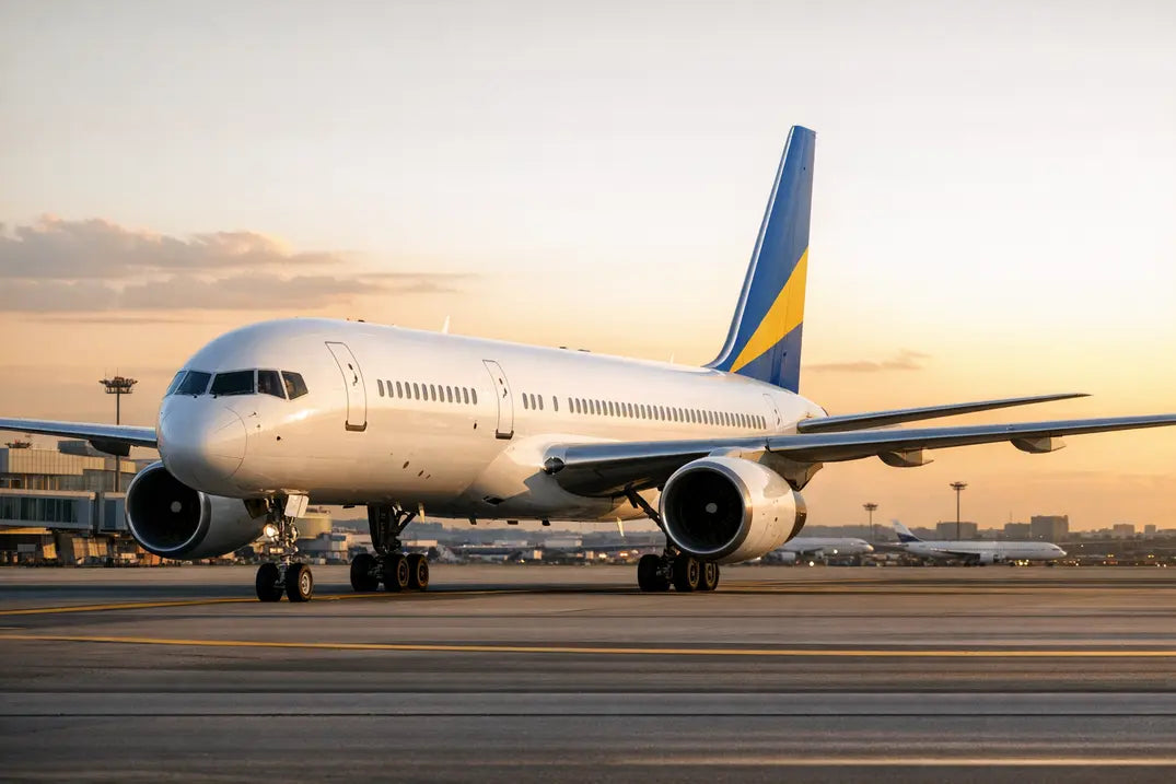 A Boeing 757-200 aircraft parked on an airport tarmac at sunset, with a clear sky and terminal in the background.