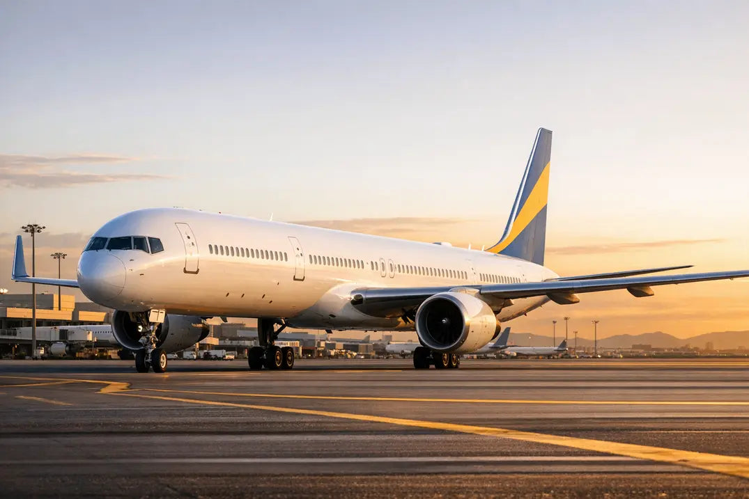 Boeing 757-300 aircraft parked on the tarmac at an airport during sunset with terminal buildings and mountains in the background.