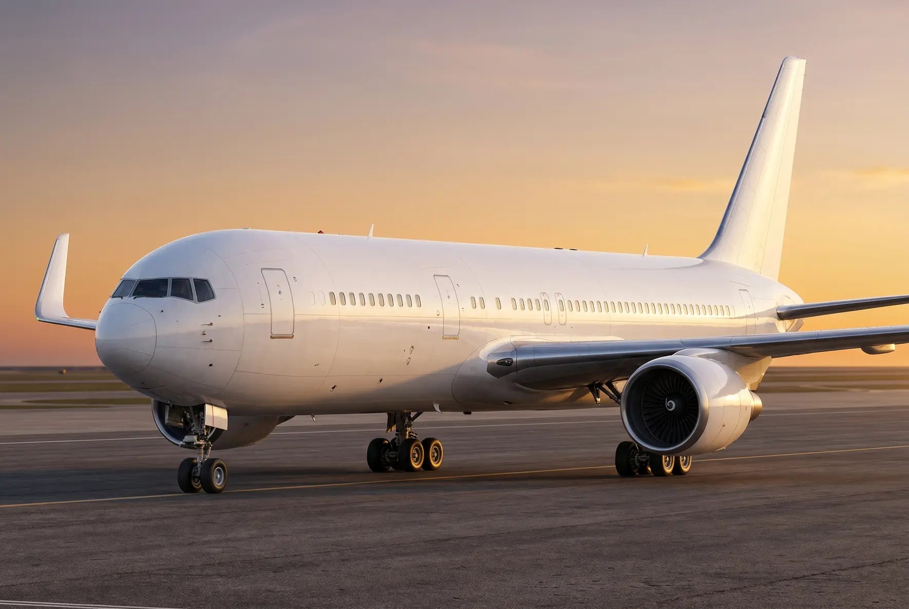 A Boeing 767-300ER aircraft on the tarmac during sunset, showcasing its side profile and engines.