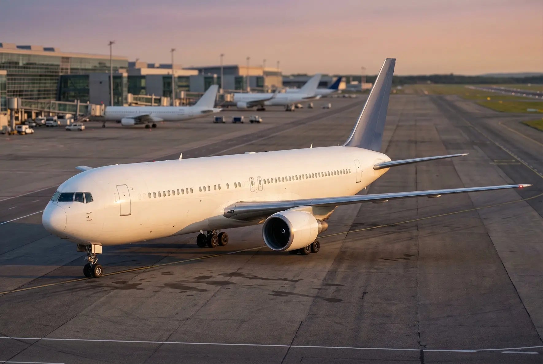 A Boeing 767-300 airplane taxiing on a runway near a modern airport terminal at sunset.