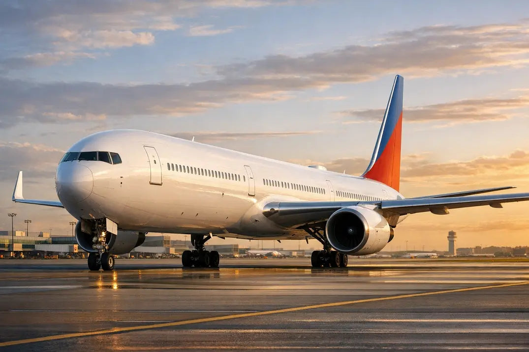 A Boeing 767-400ER jet parked on an airport tarmac at sunrise, with terminal buildings and a control tower in the background.