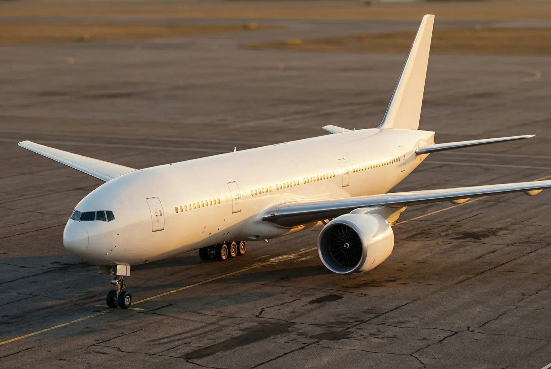 A white Boeing 777-200ER airplane on an airport tarmac, viewed from the side, showing its engines and landing gear.