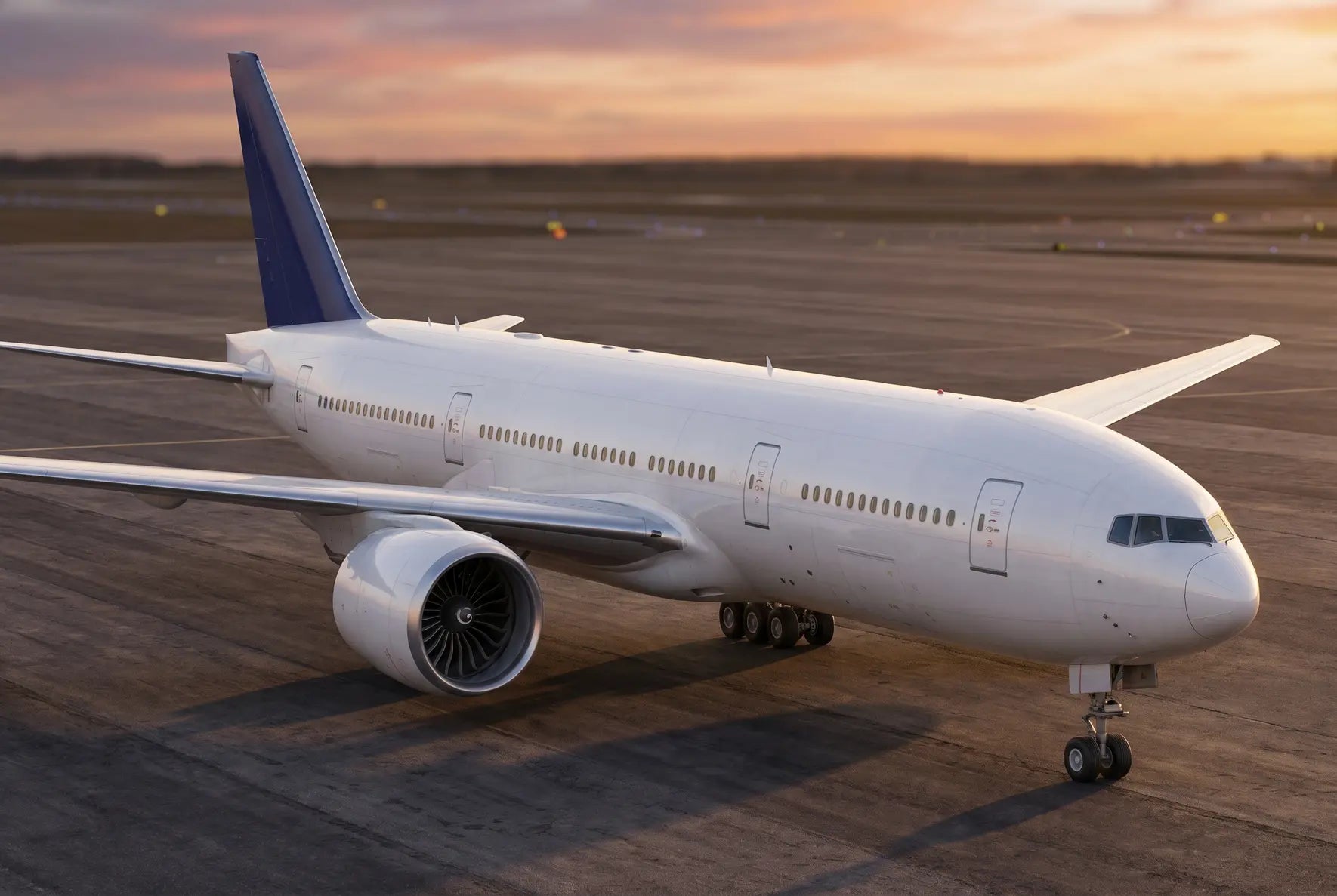 A Boeing 777-200LR parked on an airport tarmac at sunset, showcasing its large engines and sleek design against a colorful sky.