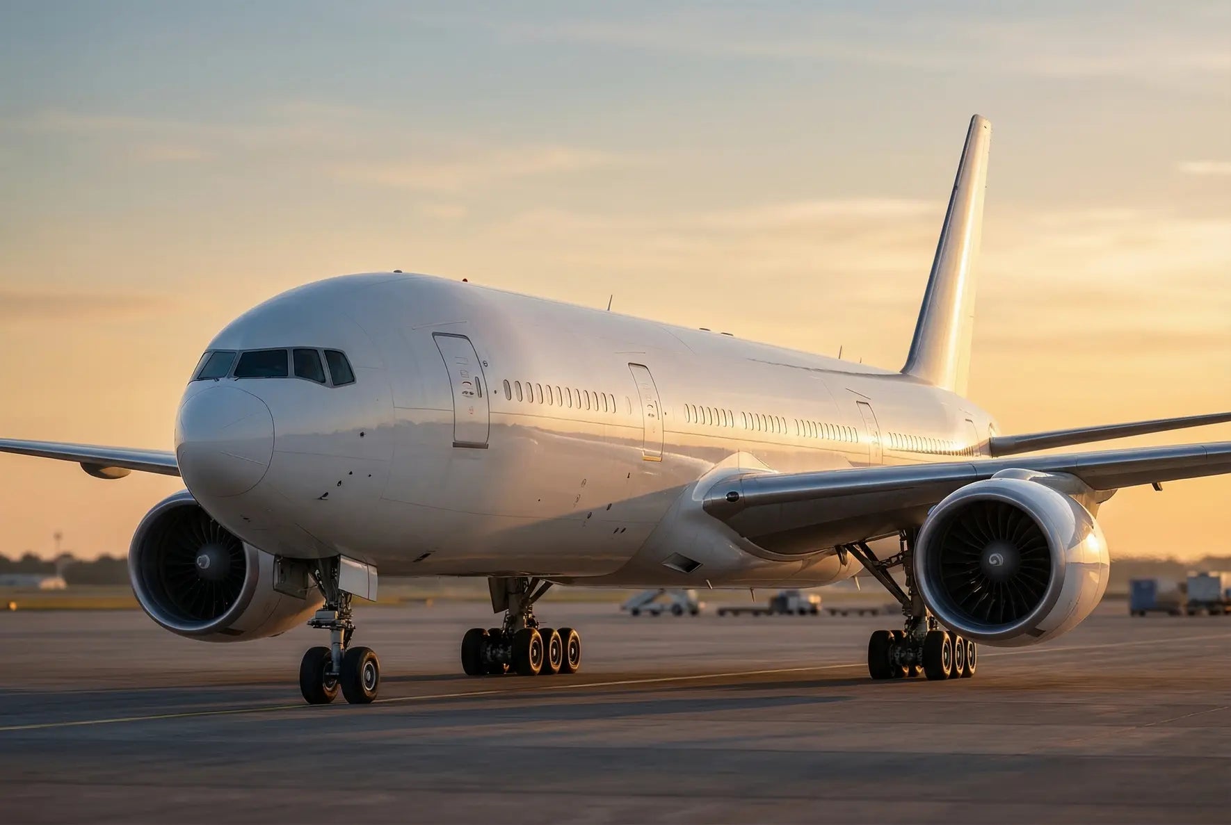 A Boeing 777-200 parked at an airport during sunset, with the aircraft's engines and sleek white fuselage visible.