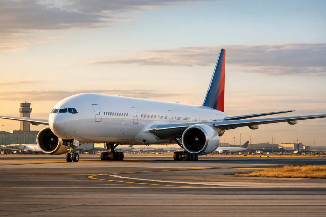 A Boeing 777-300 passenger aircraft taxiing on a runway at an airport, with a control tower in the background during sunset.