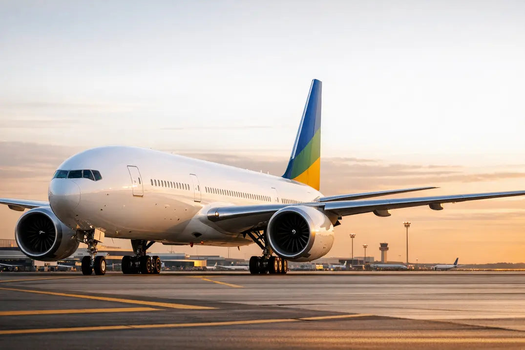 A Boeing 777-8 aircraft parked on the tarmac at an airport during sunrise, with a colorful vertical stabilizer and visible jet engines.