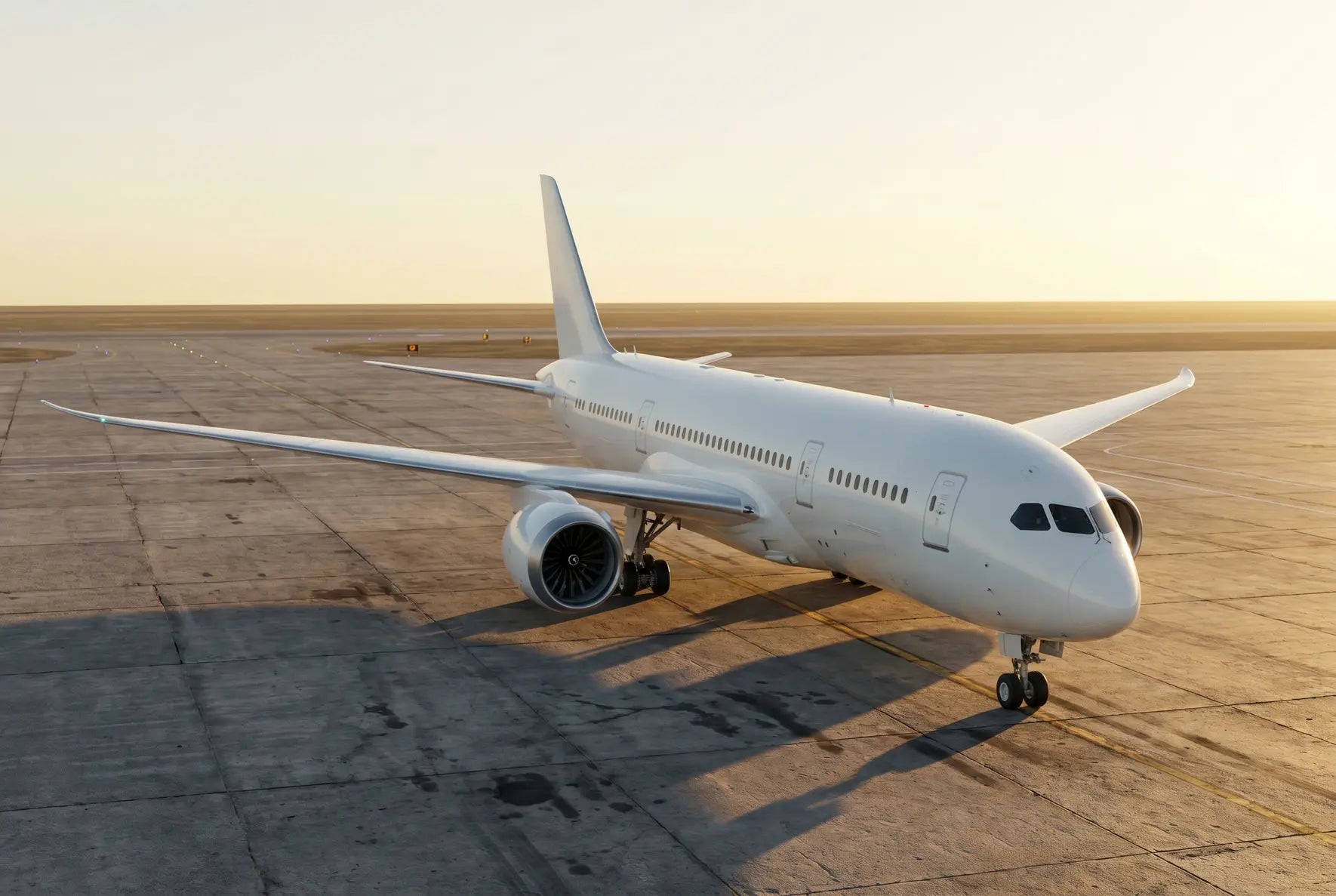 A Boeing 787-8 Dreamliner parked on an airfield at sunset, showcasing its sleek design and engines.