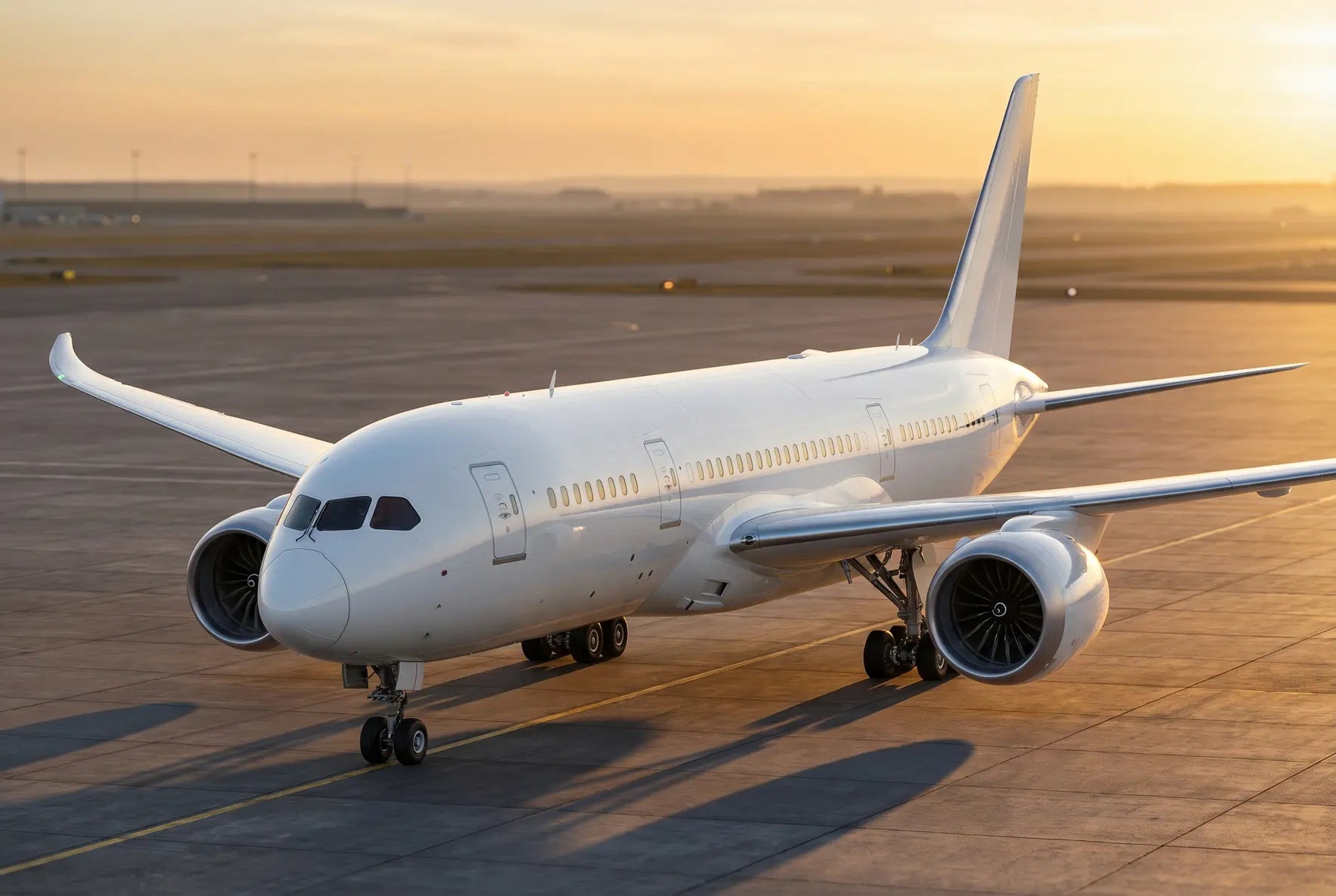 Boeing 787-9 aircraft parked on an airport runway at sunset, showcasing its sleek design and engines with a warm sky in the background.