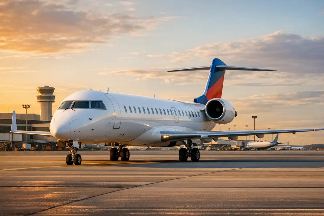 Bombardier CRJ705 jet parked on an airport runway at sunset, with a control tower and terminal in the background.