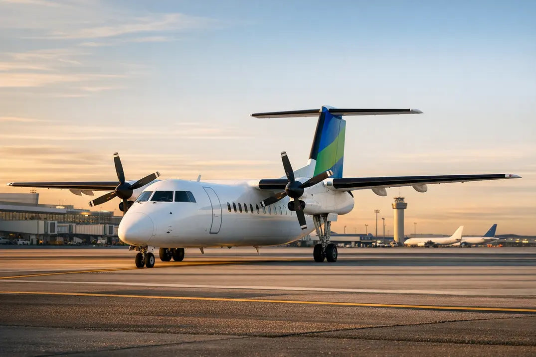 A Bombardier Dash 8 Q300 turboprop aircraft parked on an airport tarmac at sunset with terminal buildings and control tower in the background.