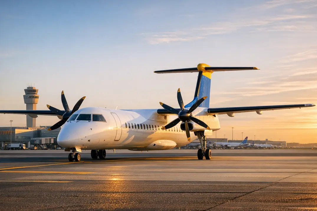 A Bombardier Q400 turboprop aircraft parked on the tarmac at an airport during sunrise, with a control tower visible in the background.