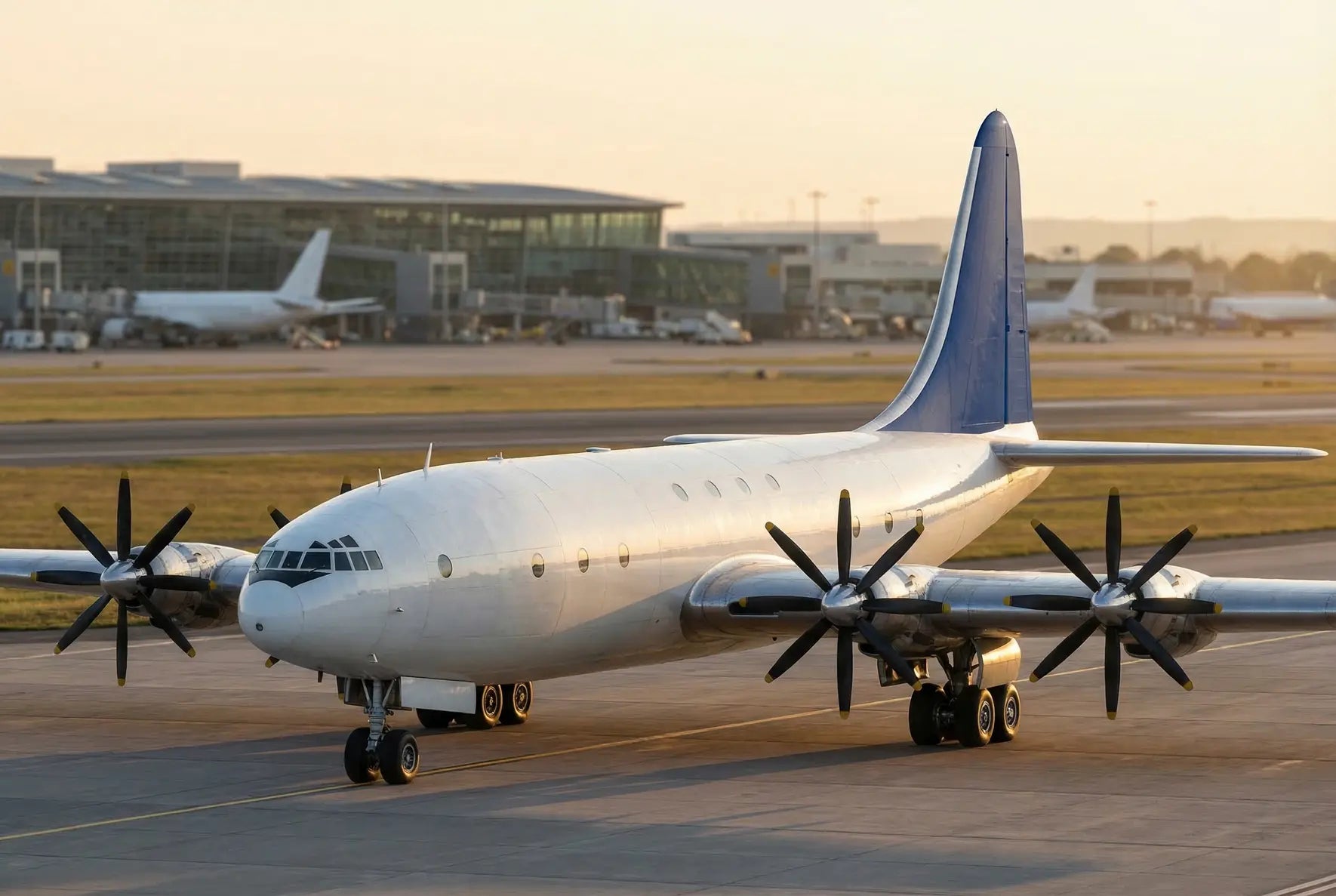 The Bristol Brabazon, a large propeller-driven airliner, is parked on an airport tarmac with a modern terminal visible in the background.
