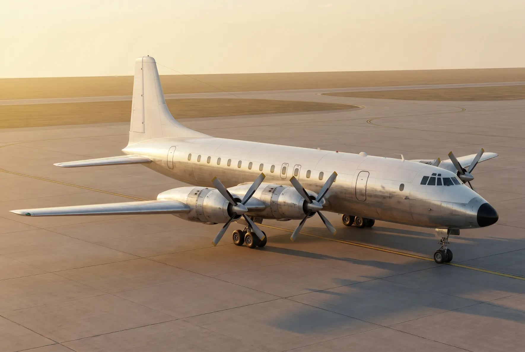 A Bristol Britannia propeller-driven airplane parked on an airport tarmac at sunset, showing its sleek metallic body and four engines.