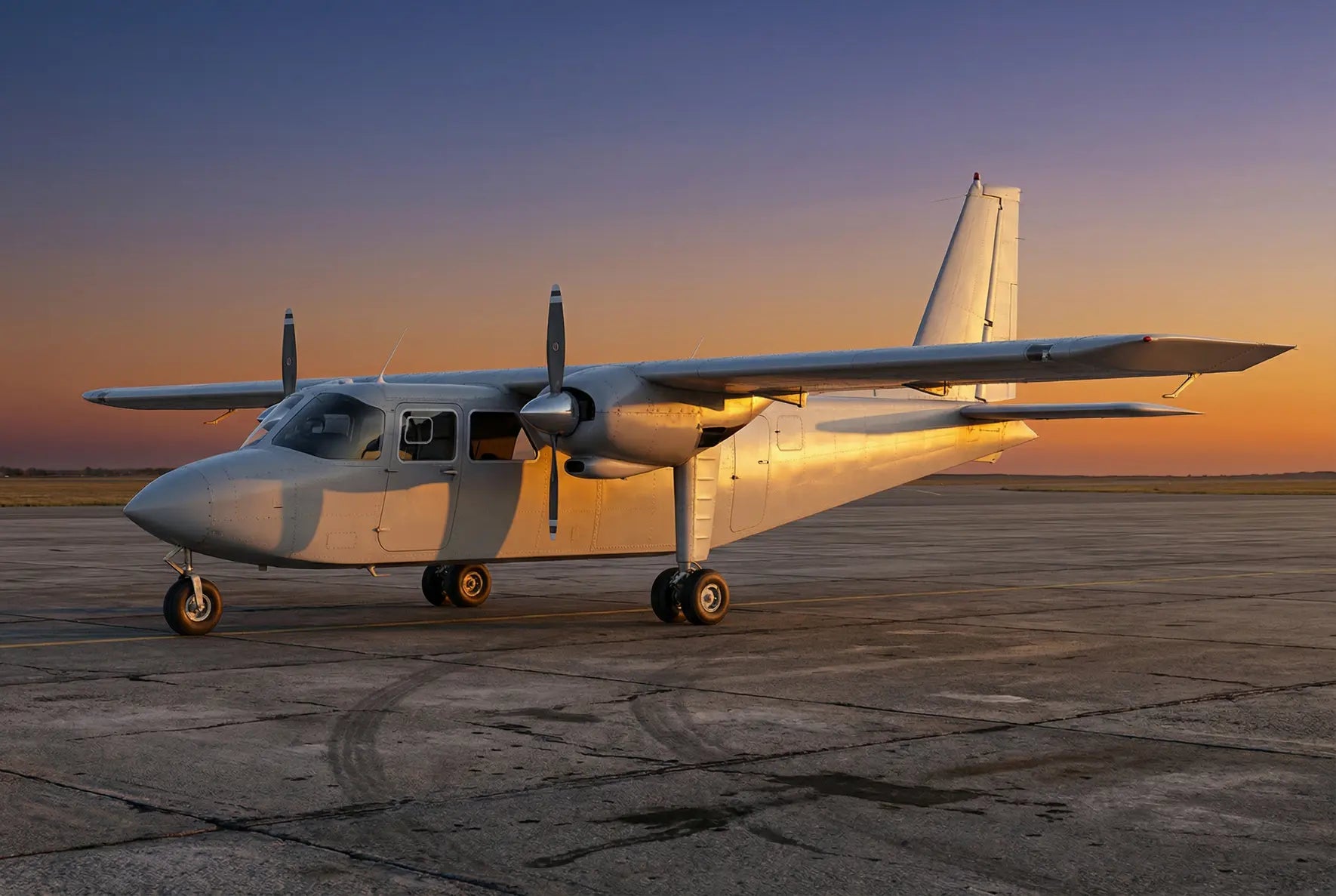 A Britten-Norman BN-2 Islander aircraft on an airport tarmac during sunset, with warm sunlight casting shadows across its twin-propeller body.