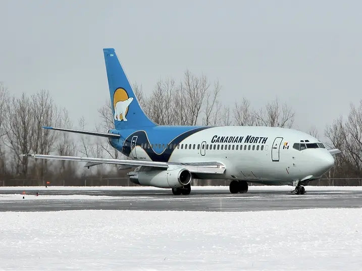 Canadian North Boeing 737-200 with polar bear tail design, parked on a snow-covered runway with bare trees in the background.
