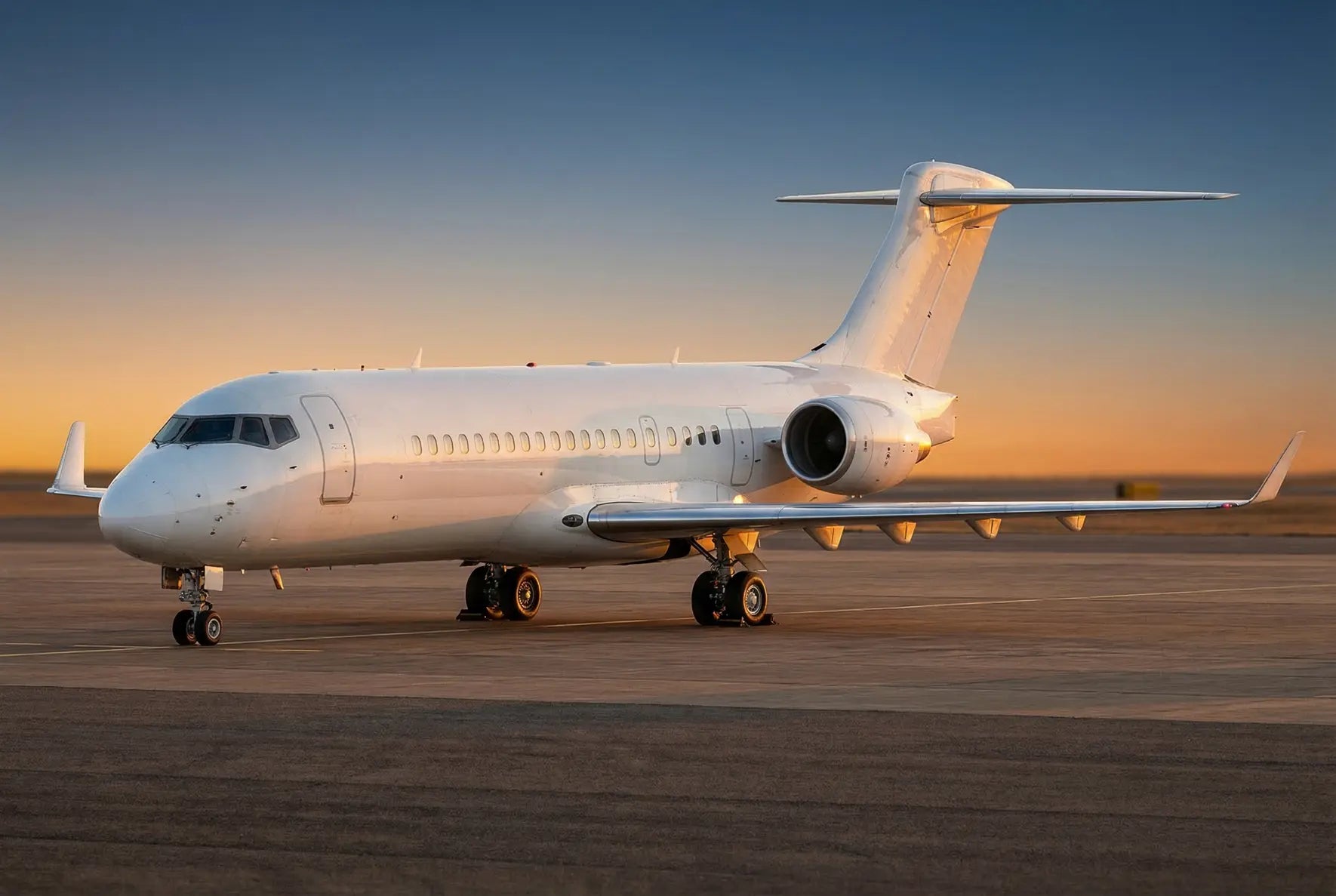 A Comac ARJ21-700 jet parked on a runway at sunset, with its engines and wings visible against a clear sky.