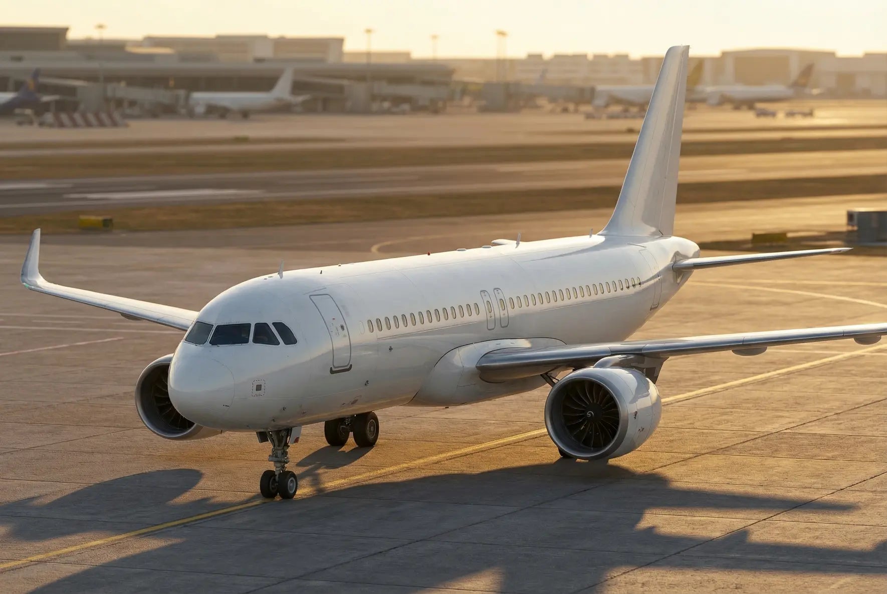 Comac C919 aircraft parked on an airport tarmac at sunset with terminal buildings in the background.