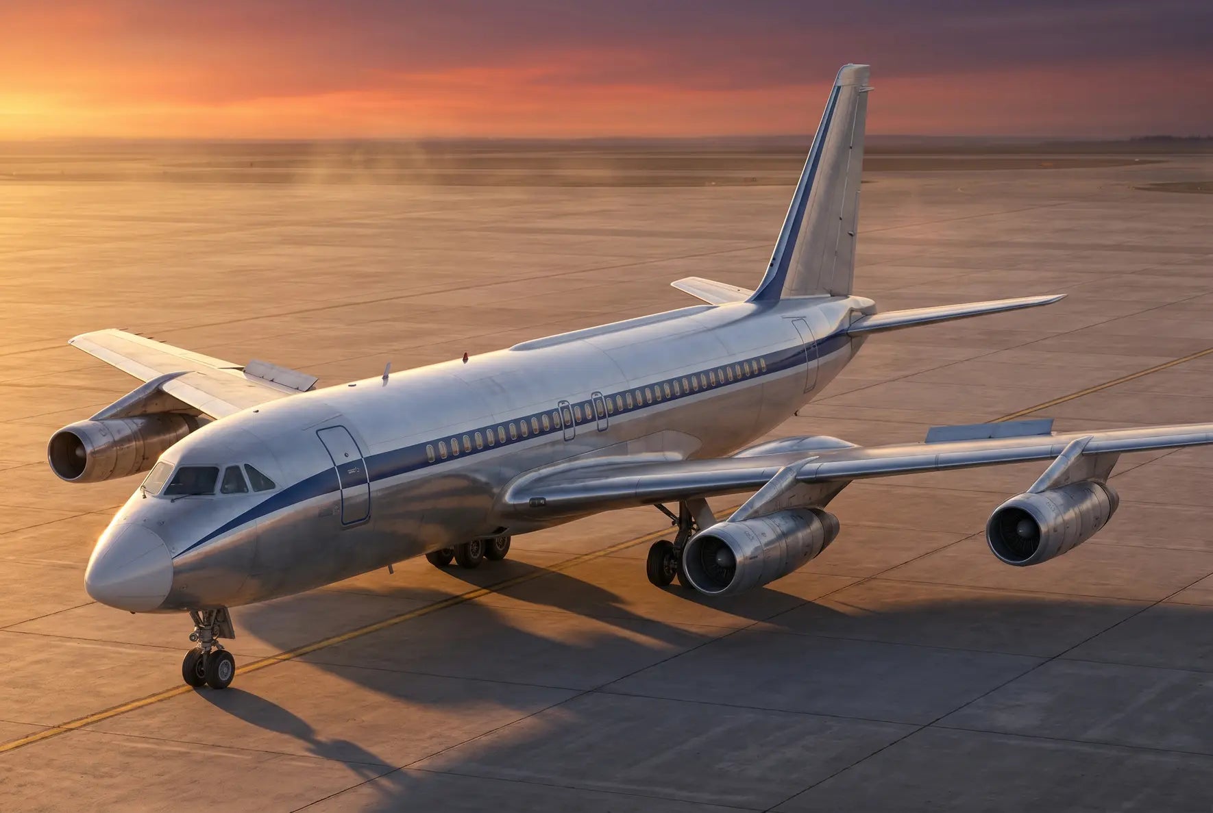 A Convair 880 jet airliner on the tarmac at sunset, showcasing its sleek design and four engines with a warm, glowing sky in the background.