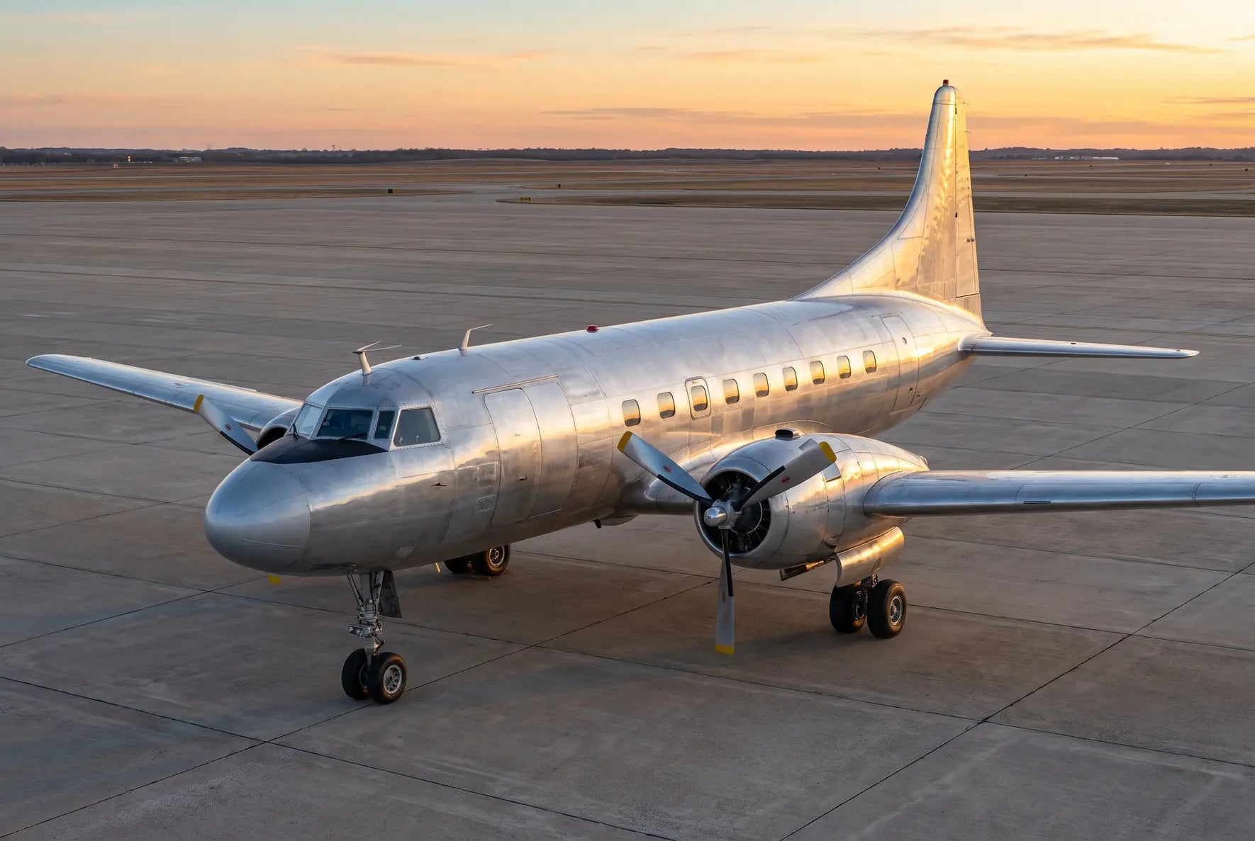 Convair CV-240 aircraft parked on an airfield during sunset, highlighting its polished silver exterior and twin propellers.