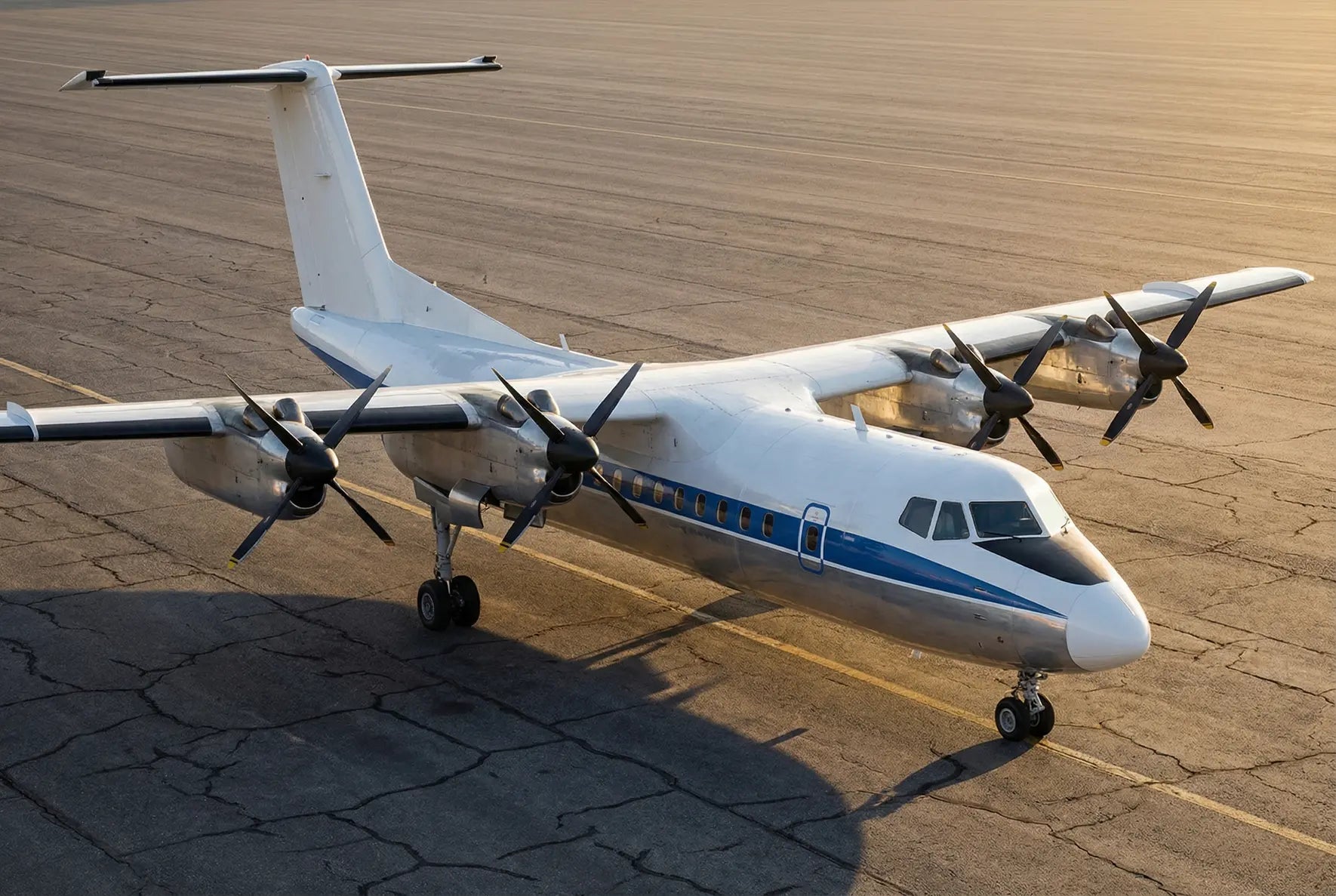 A De Havilland Canada DHC-7 Dash 7 aircraft parked on an airport runway during sunset, highlighting its four propellers and sleek design.
