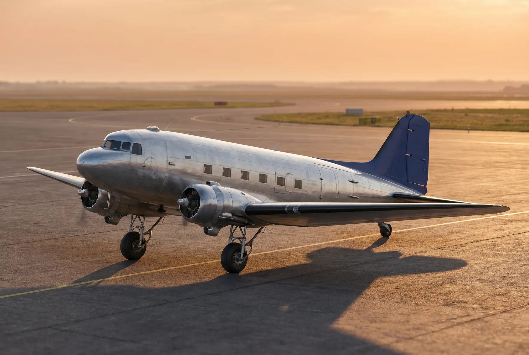 A vintage Douglas DC-3 airplane with a polished metal body and blue tail on an airport tarmac at sunset.