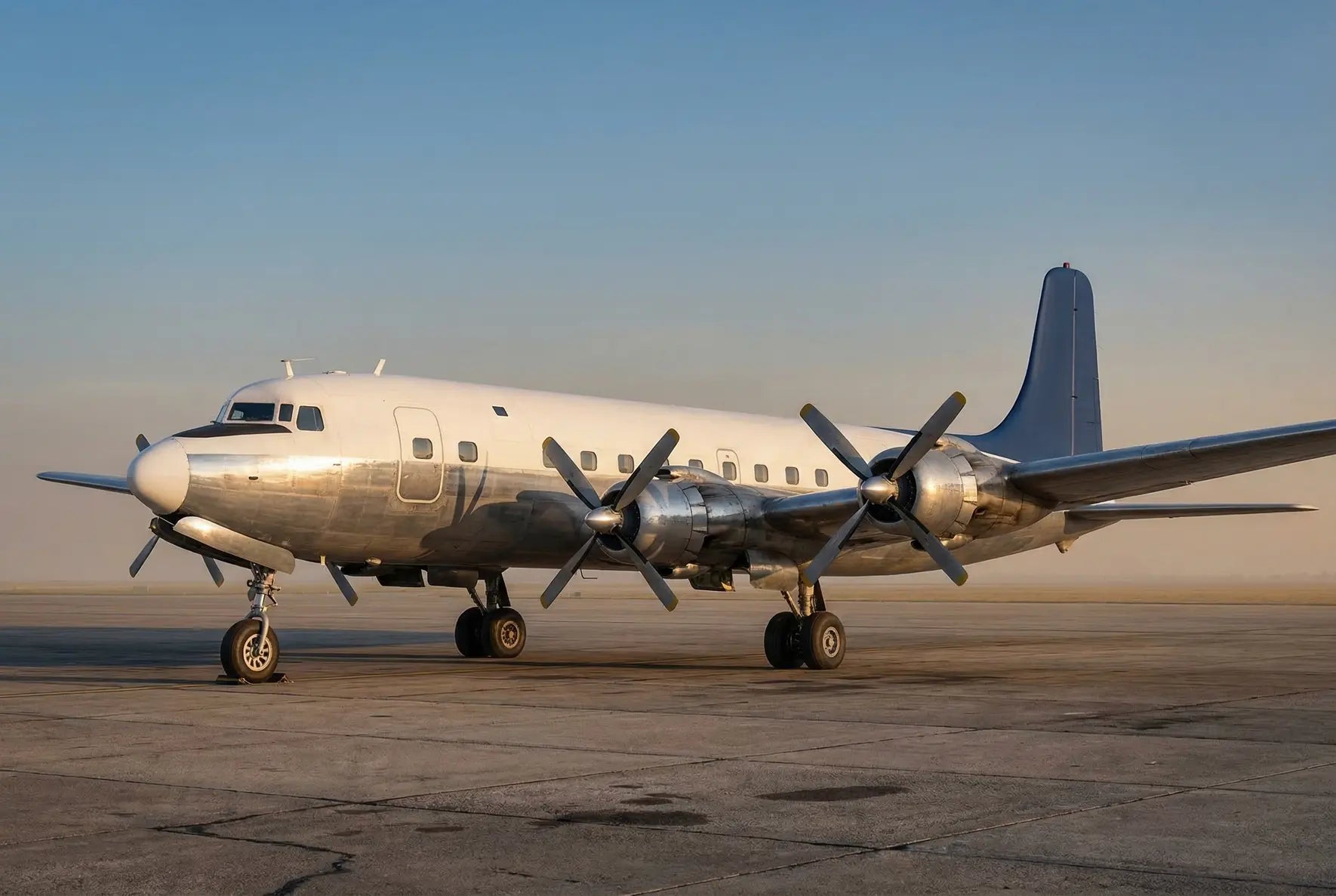 A vintage Douglas DC-7C aircraft on a runway, featuring four propeller engines, polished metal body, and classic design, under a clear sky.