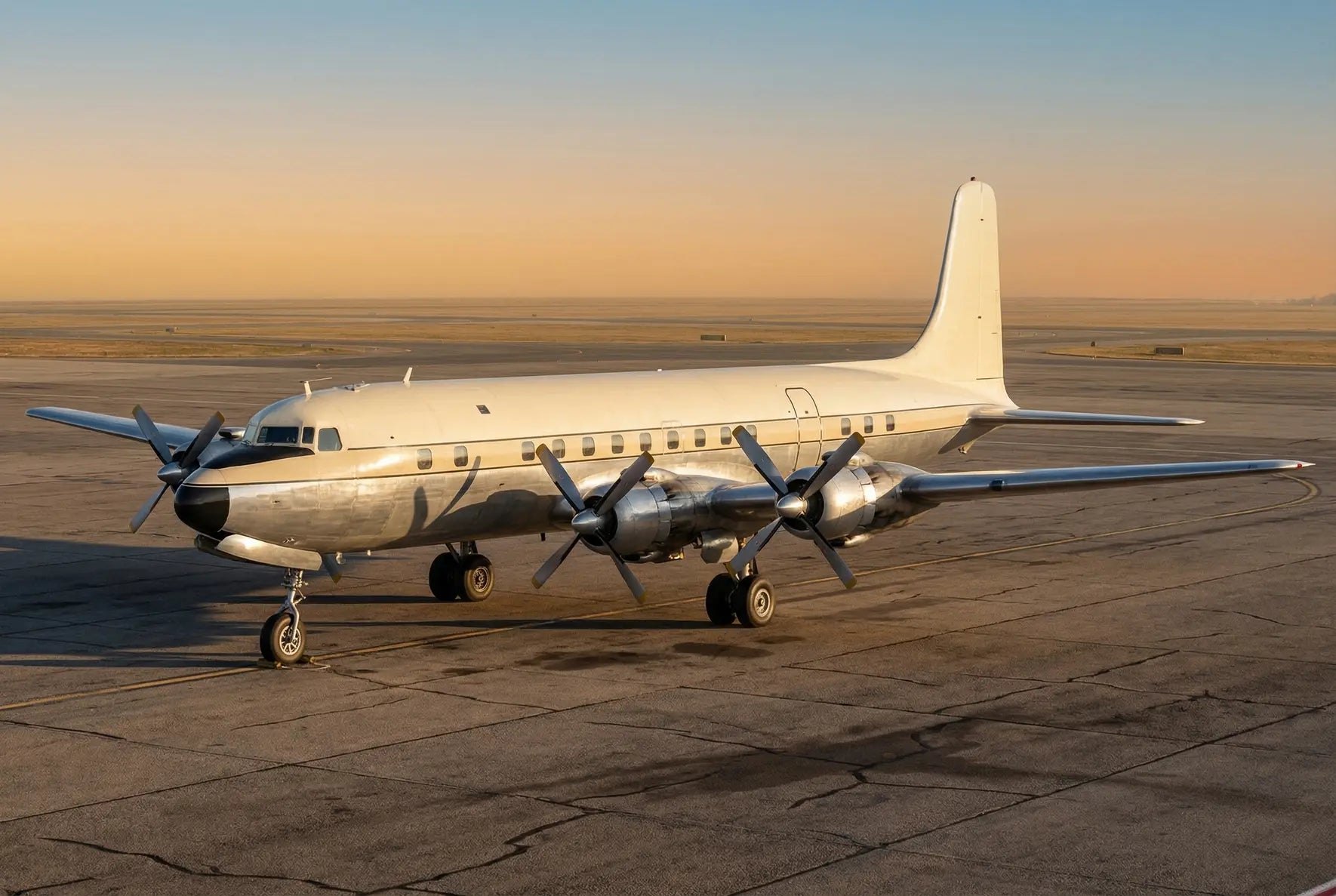 A vintage Douglas DC-7 aircraft parked on a tarmac, captured around sunset with a clear sky in the background.