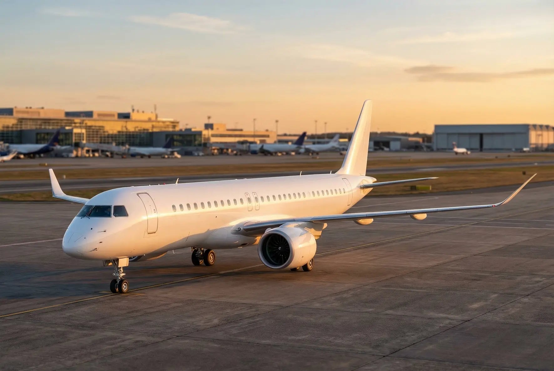 An Embraer E195-E2 aircraft taxiing on a runway at sunset, with an airport terminal in the background.