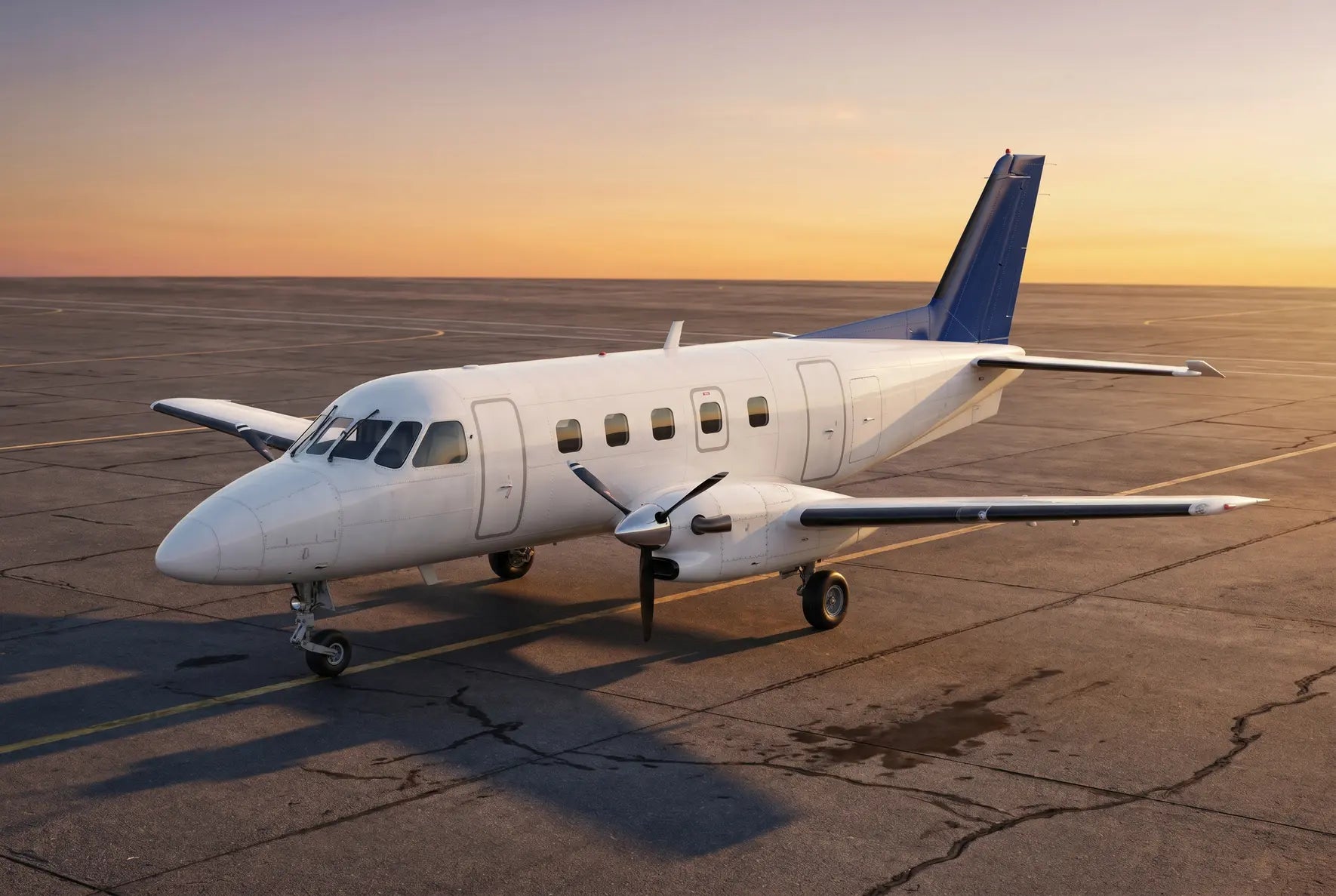 A parked Embraer EMB 110 Bandeirante aircraft on a tarmac at sunset, showing the twin-propeller engines and the aircraft's sleek design.