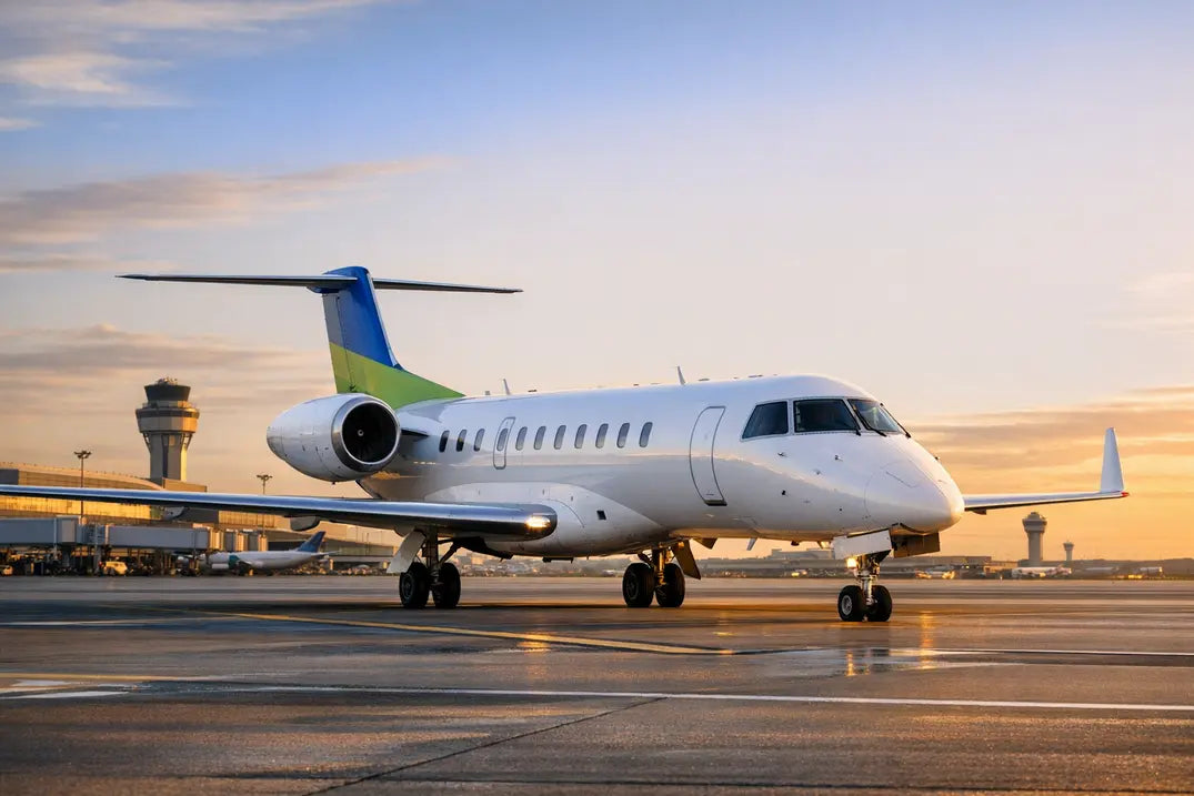 A parked Embraer ERJ 135 jet on an airport runway with control towers in the background during sunrise.
