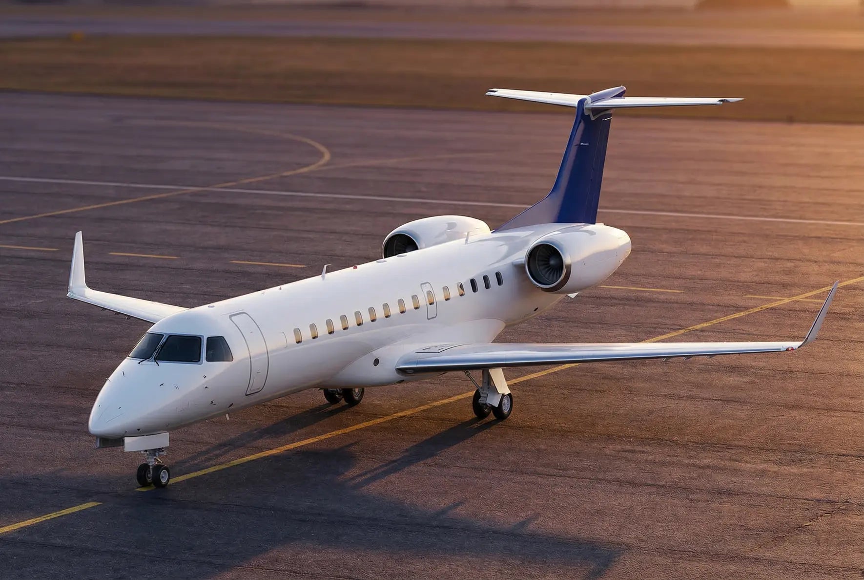 A parked Embraer ERJ 140 regional jet with blue and white livery on an airport tarmac, captured during sunset.
