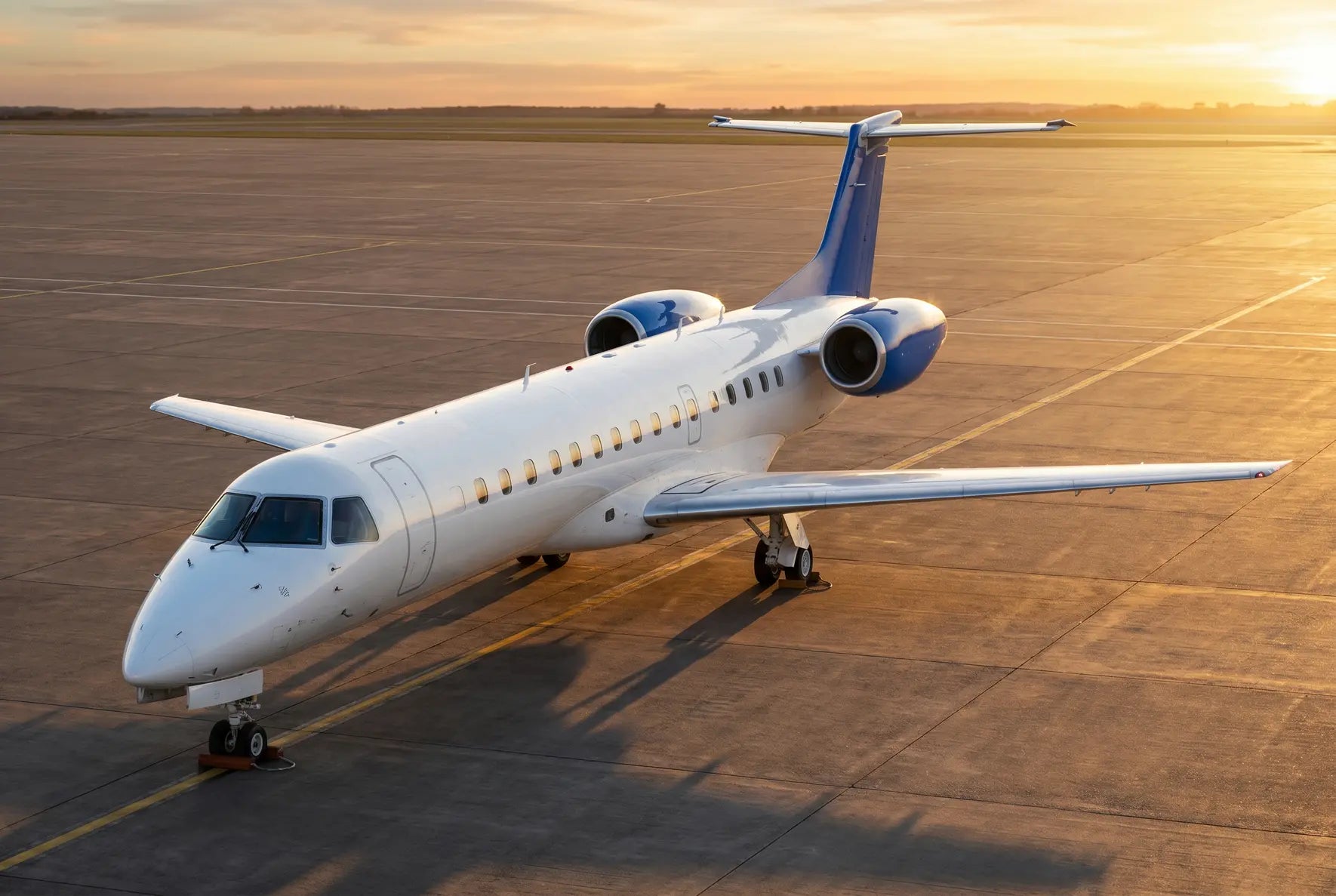 A parked Embraer ERJ 145 jet on an airport tarmac at sunset, featuring blue accents on its tail and engines under a clear sky.