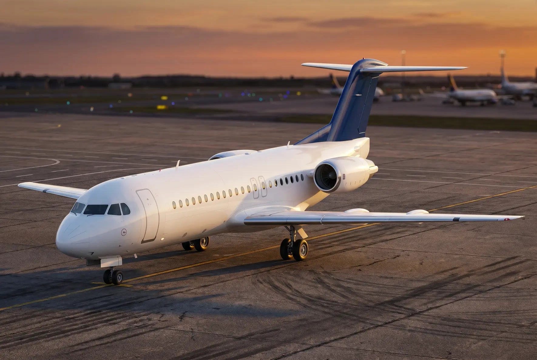 A Fokker 70 jetliner parked on an airport tarmac at sunset, with a clear sky and other aircraft in the background.