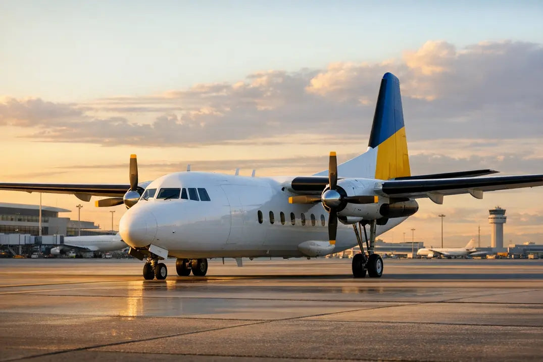 Fokker F27-100 twin-turboprop aircraft parked on a wet airport tarmac at sunset with a control tower and terminal in the background.