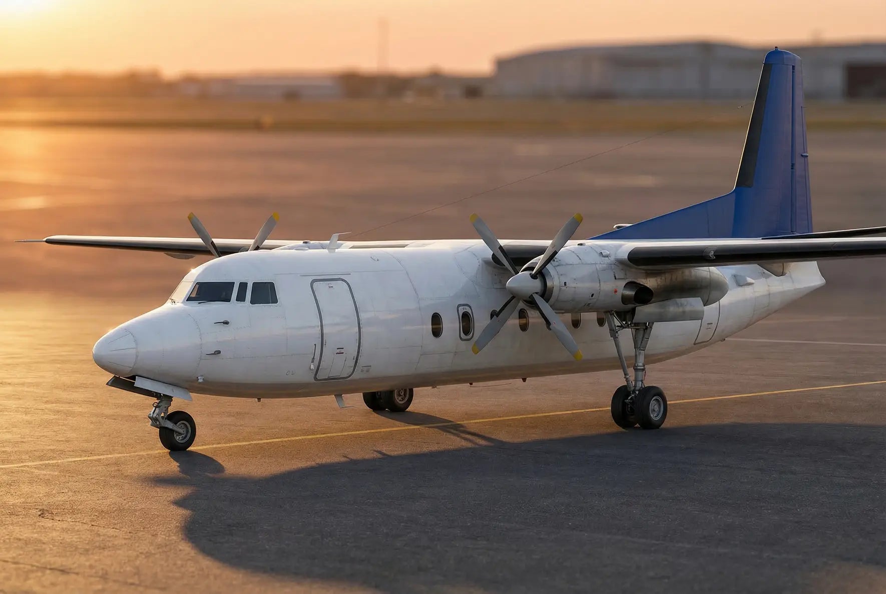 Fokker F27-400 twin-engine turboprop aircraft parked on an airport runway during sunset with a blue tail and white fuselage.