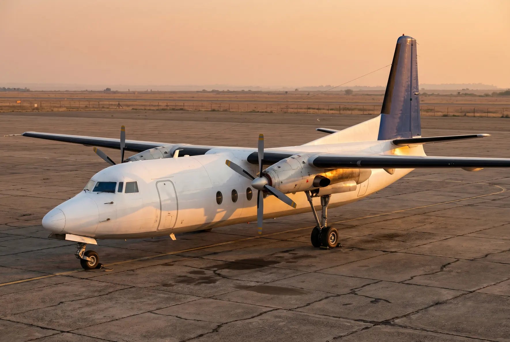A Fokker F27-500 twin-engine turboprop aircraft parked on an airport tarmac at sunset, with its nose facing the camera and propellers visible.