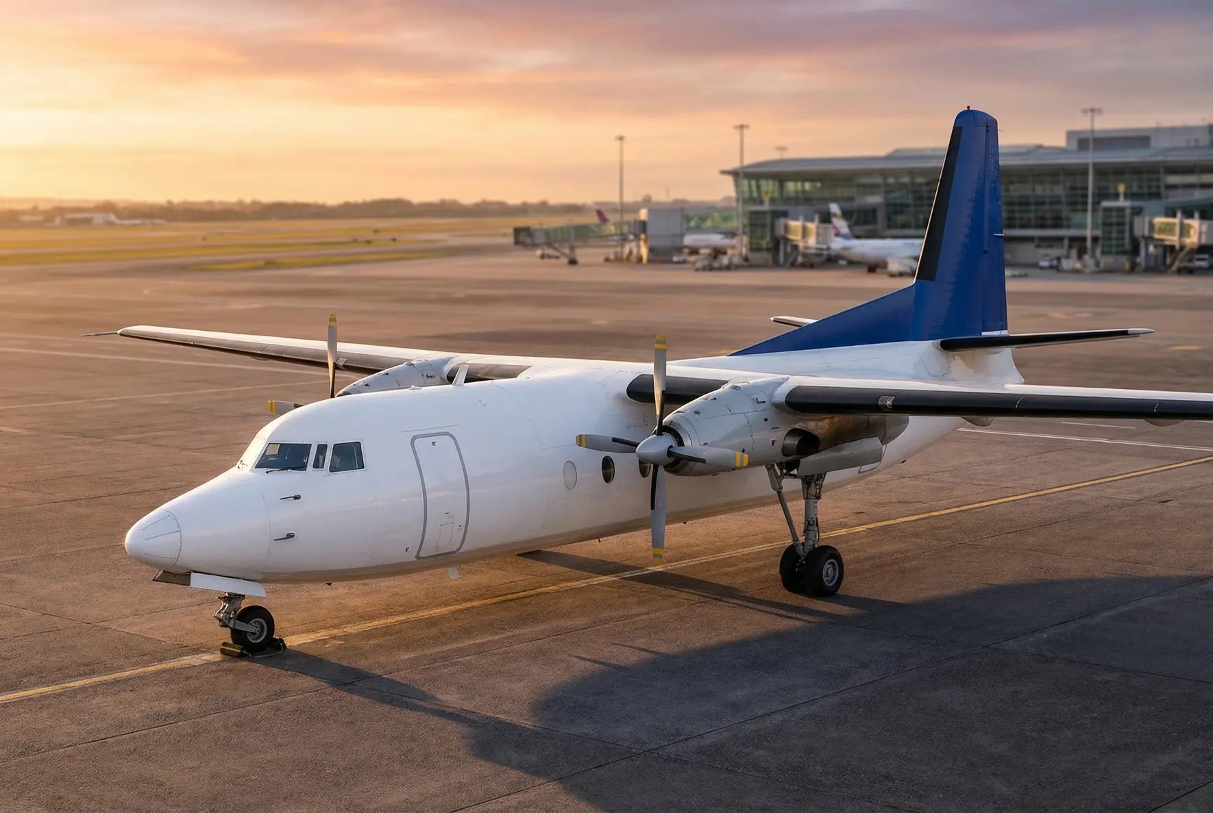 Fokker F27-700 aircraft on an airport tarmac at sunset with a terminal building in the background.