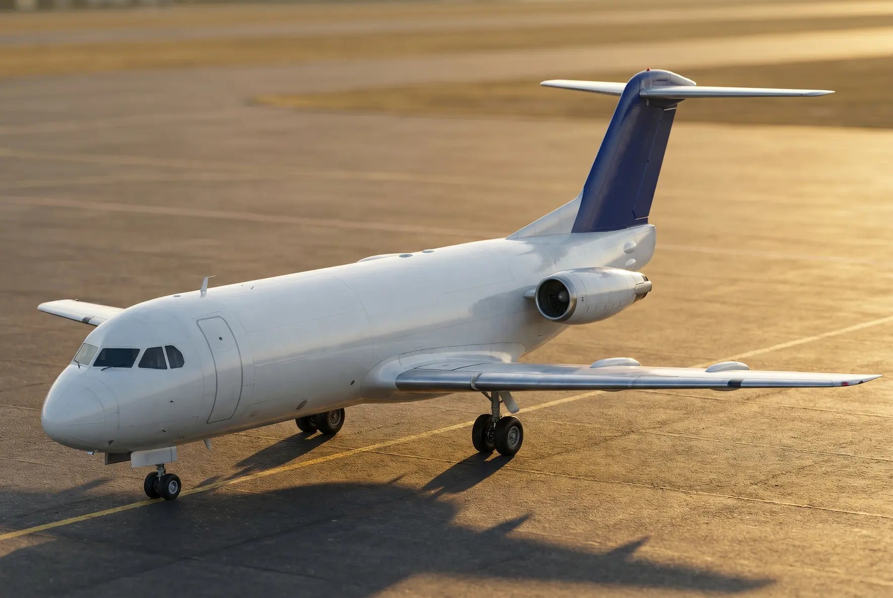 Fokker F28-1000 jet airplane parked on an airstrip during sunset, featuring a white fuselage and blue tail, with shadows on the tarmac.