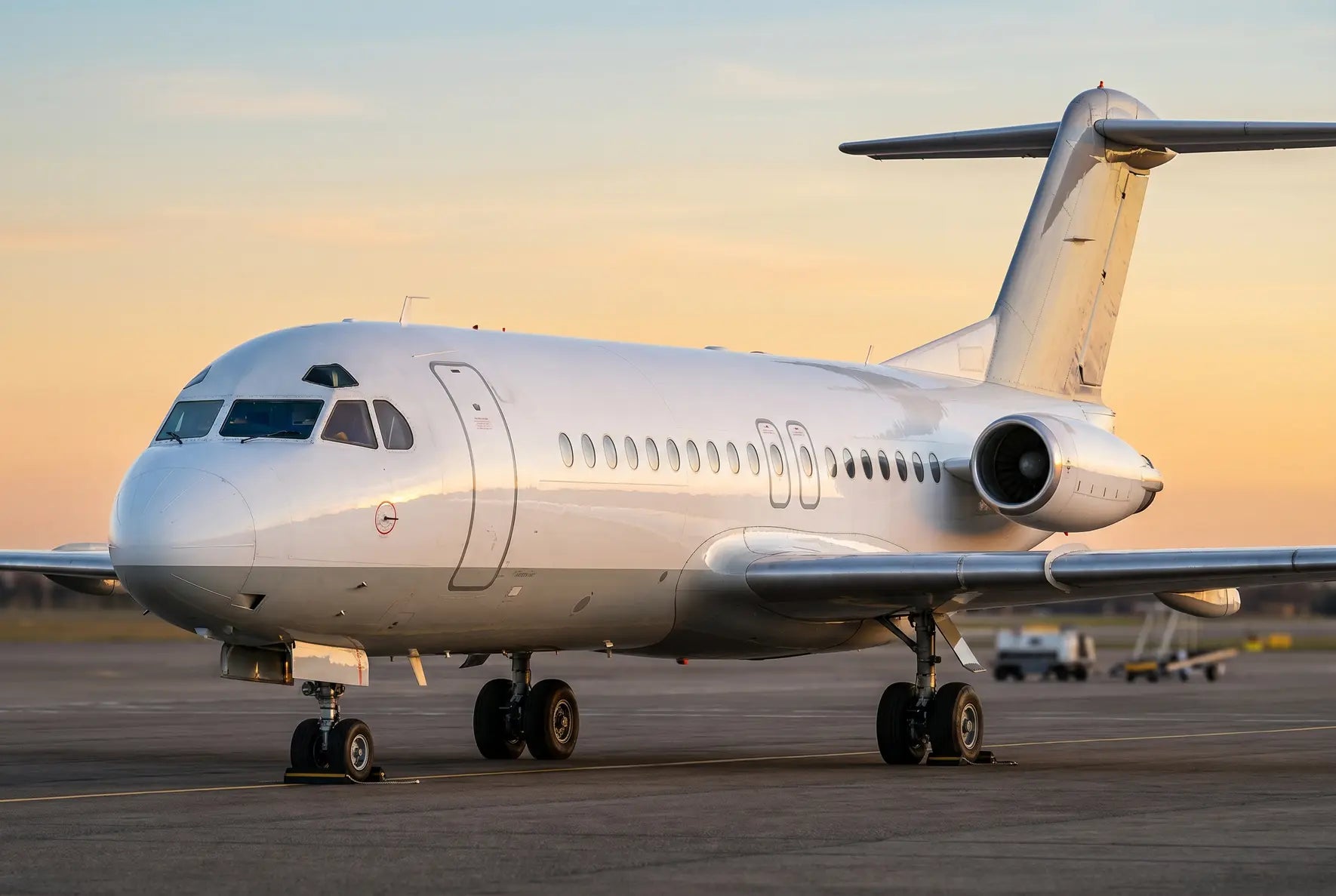 Fokker F28-4000 jet aircraft parked on an airport tarmac at sunset, with a view of the forward fuselage, wings, and tail section.