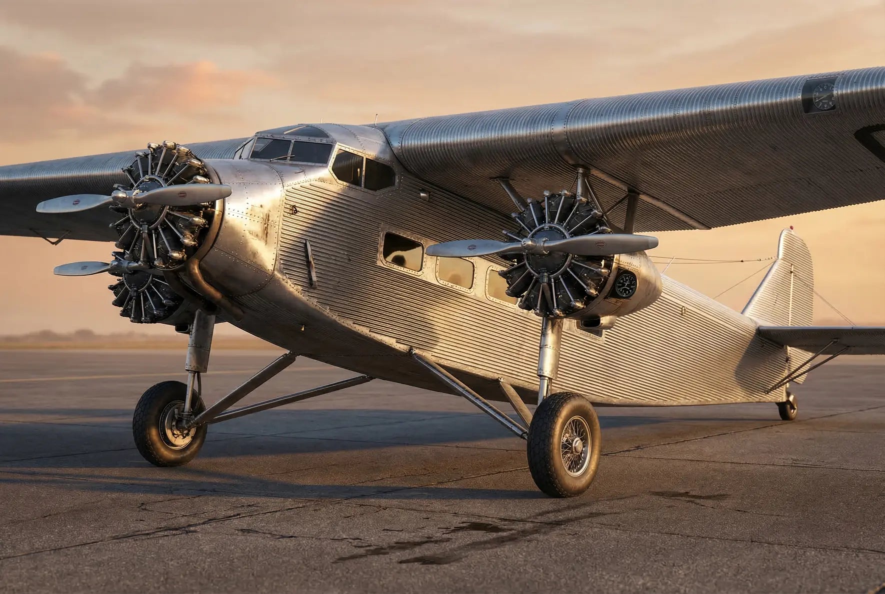 Side view of a vintage Ford Trimotor aircraft on the tarmac, highlighting its corrugated metal body and three radial engines under a cloudy sky.