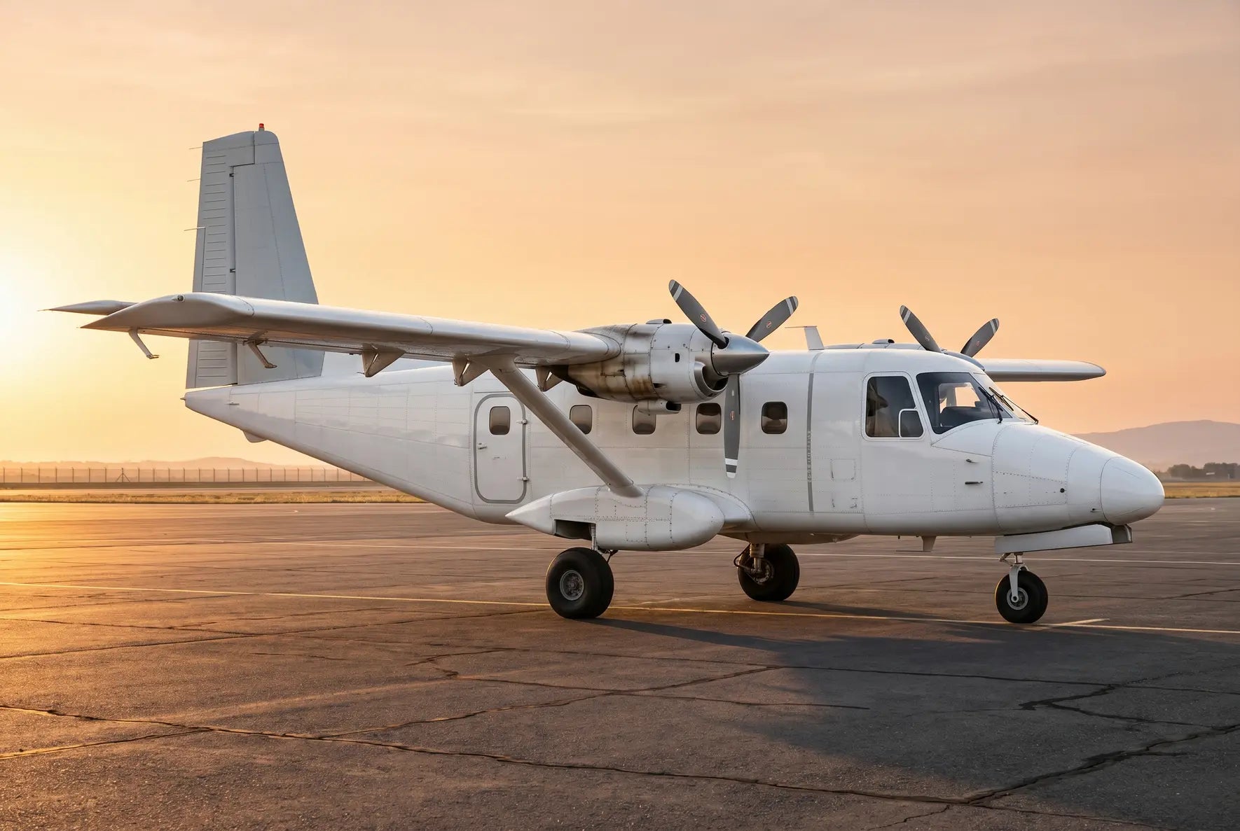 A GAF Nomad light utility aircraft parked on an airport runway at sunset with a clear sky in the background.