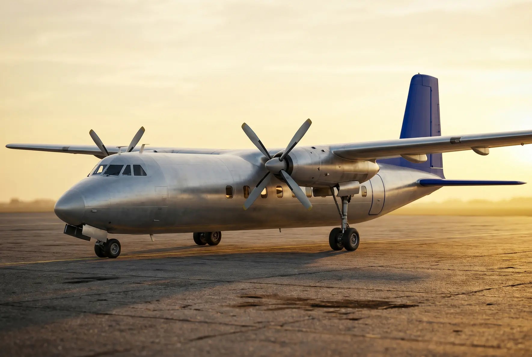 A Handley Page Dart Herald aircraft on a runway at sunrise with a silver fuselage and blue tail, featuring four-bladed propeller engines on each wing.