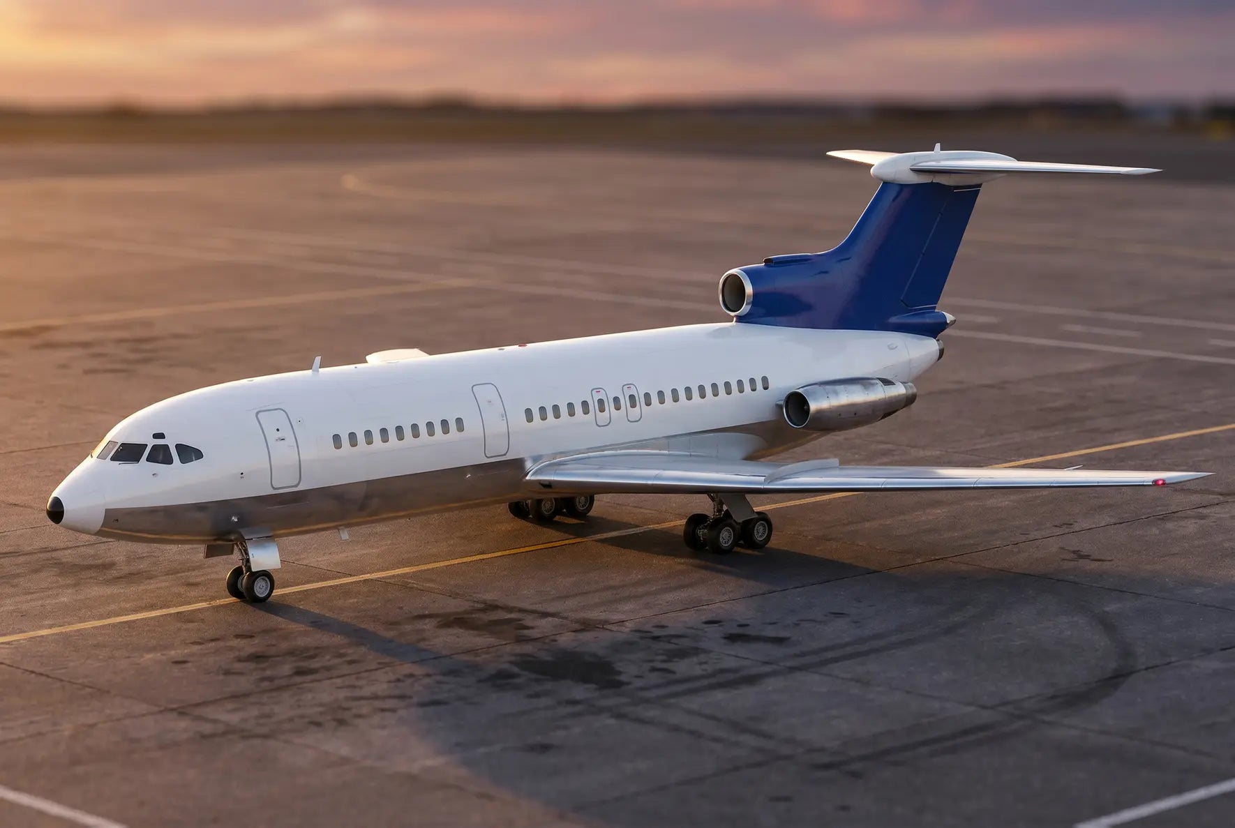A Hawker Siddeley Trident jet airliner on a runway at sunset, featuring its distinctive T-tail design and three-engine layout.