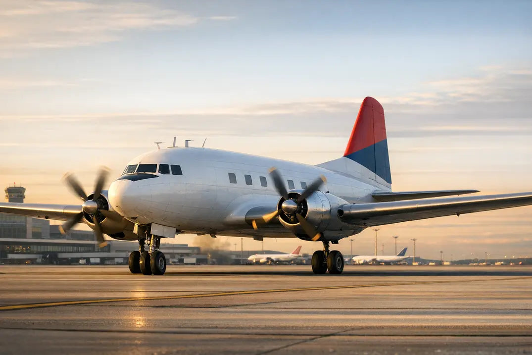 Vintage Ilyushin Il-12 twin-engine propeller aircraft taxiing on the runway at an airport during golden hour with terminal in background.