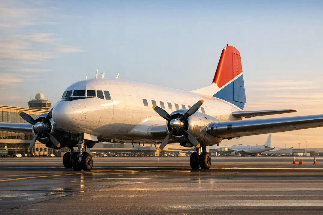 A vintage Ilyushin Il-14 aircraft with a white fuselage and red tail fin, positioned on an airport tarmac during sunset with a control tower in the background.