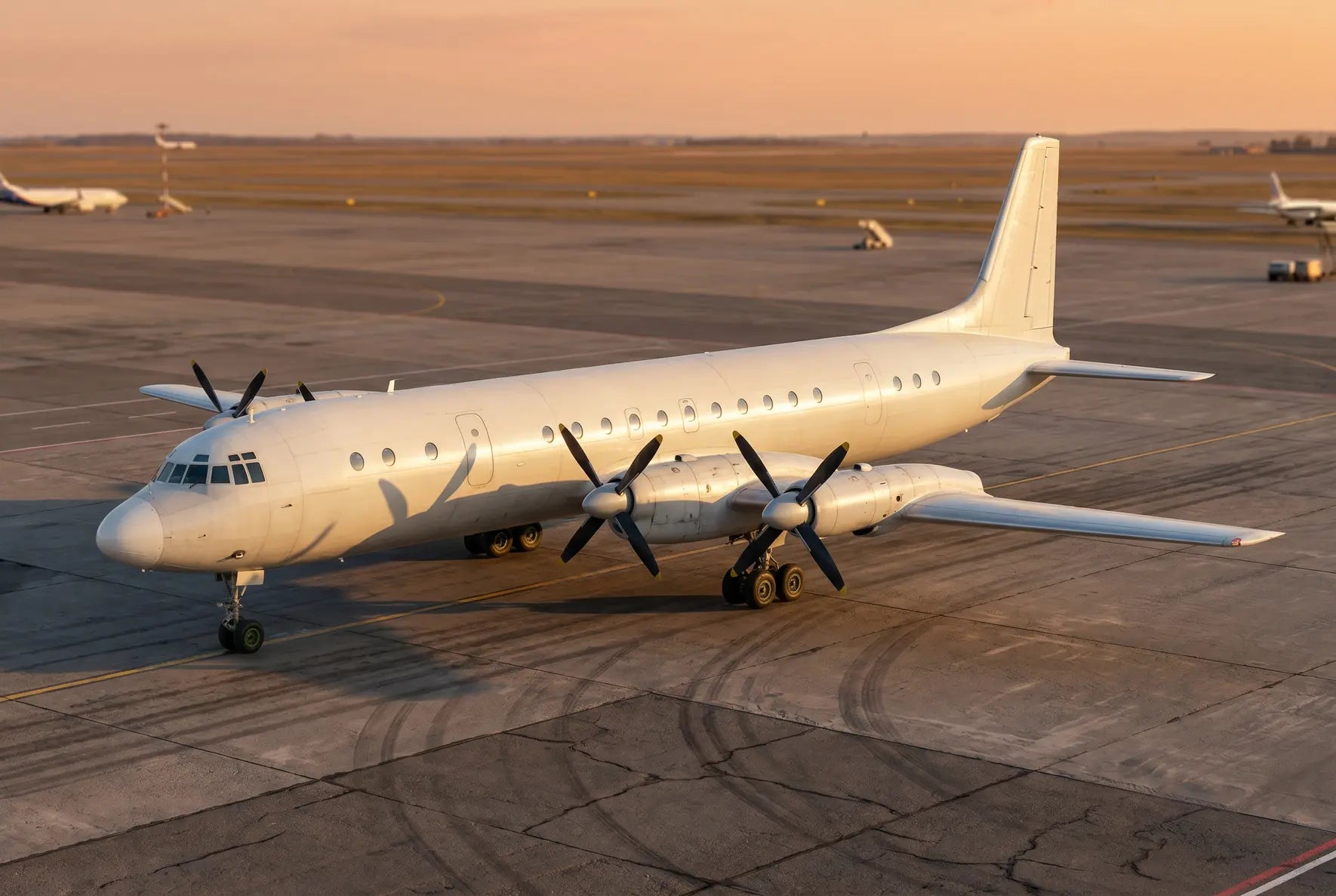 Ilyushin Il-18 aircraft parked on an airport tarmac at sunset, featuring four propeller engines and a white fuselage with visible landing gear.